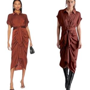 NWT Steve Madden Tori Satin Button Front Tie Waist Midi Dress in Cinnamon - 2